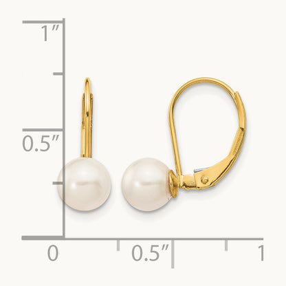 6- White Round Saltwater Akoya Cultured Pearl Leverback Earrings, 7mm, 14K
