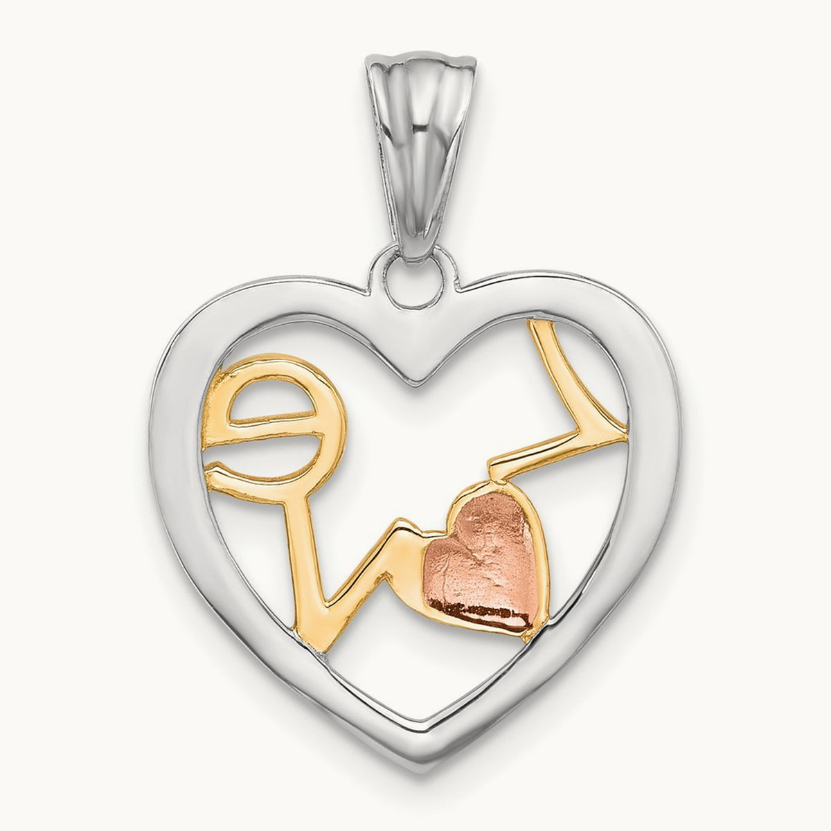 Tri-Color Diamond-cut LOVE in Heart Pendant, 14K