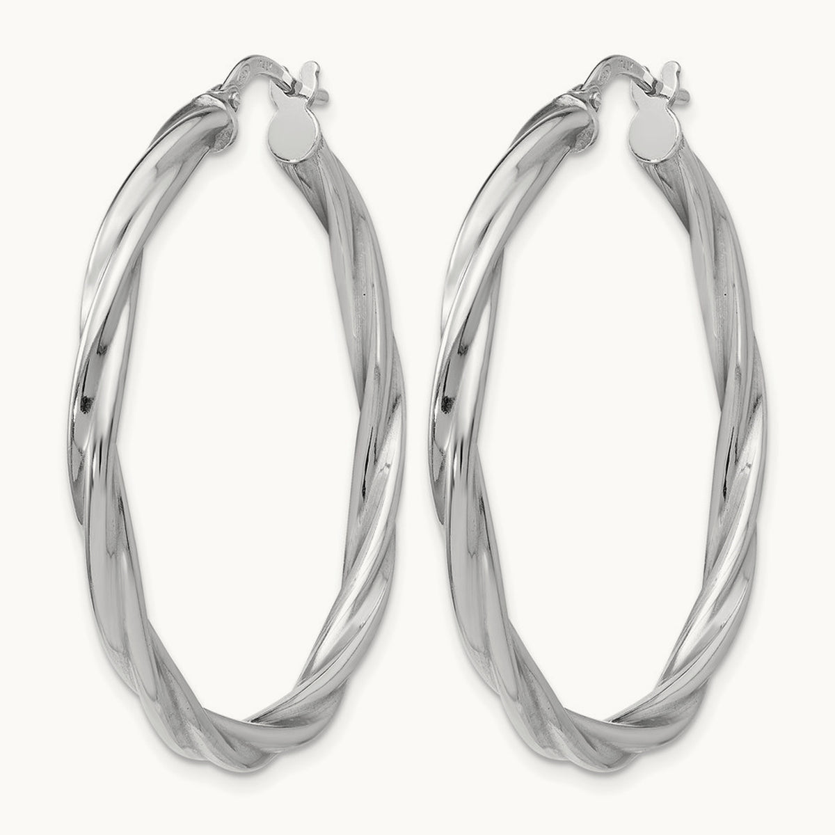 Rhodium-plated Polished Twisted Hinged Hoop Earrings — 36mm