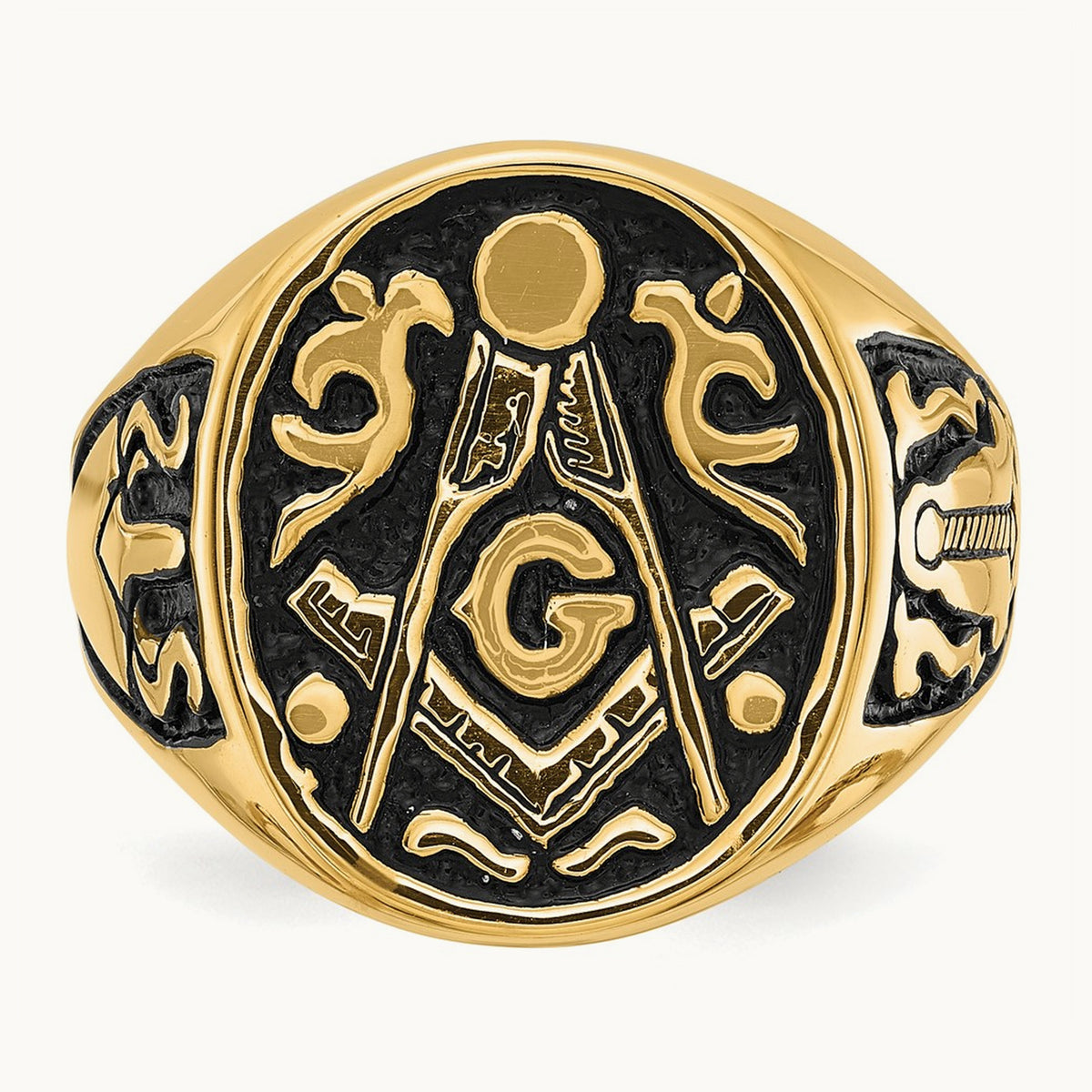 Men's Polished and Grooved with Black Enamel Masonic Ring, 14K