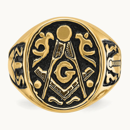 Men's Polished and Grooved with Black Enamel Masonic Ring, 14K