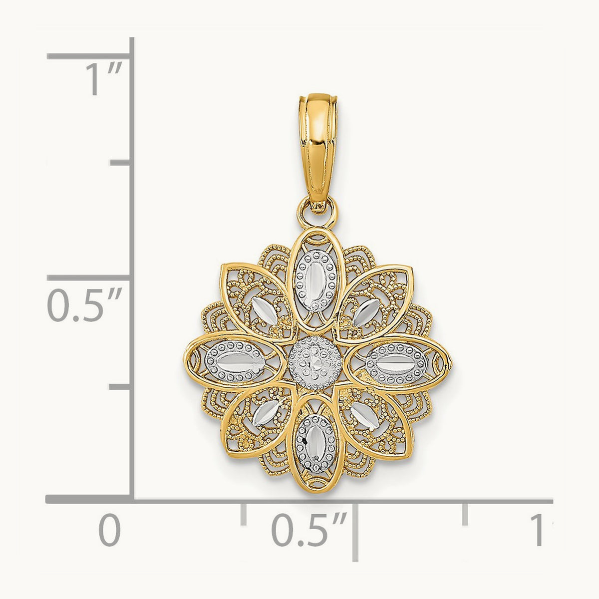 w/Rhodium and D/C Filigree Flower Charm, 14K