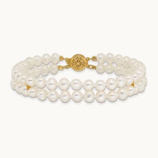 5- White Near Round FW Cultured Pearl 2-strand Bracelet, 6mm, 14K