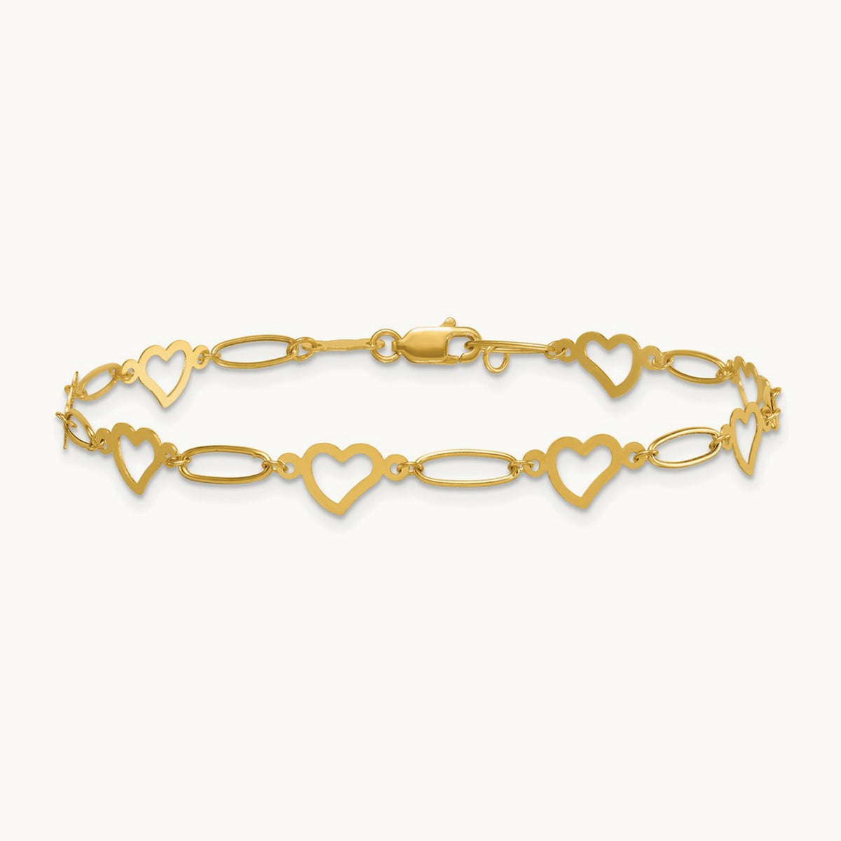 Polished Oval Link and Hearts 7.5in Bracelet, 14K