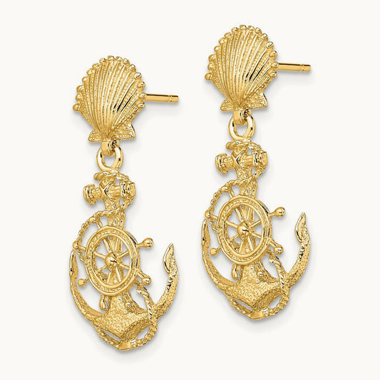 Shell and Anchor Double Dangle Earrings, 14K