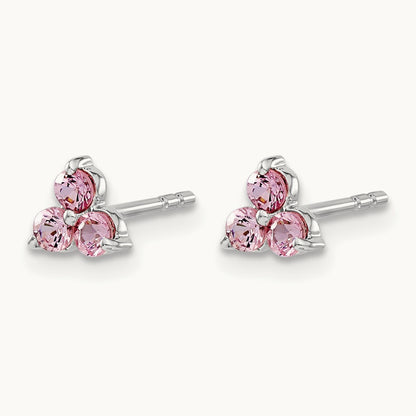 3-stone Created Pink Sapphire Triangle Earrings, 14K White Gold