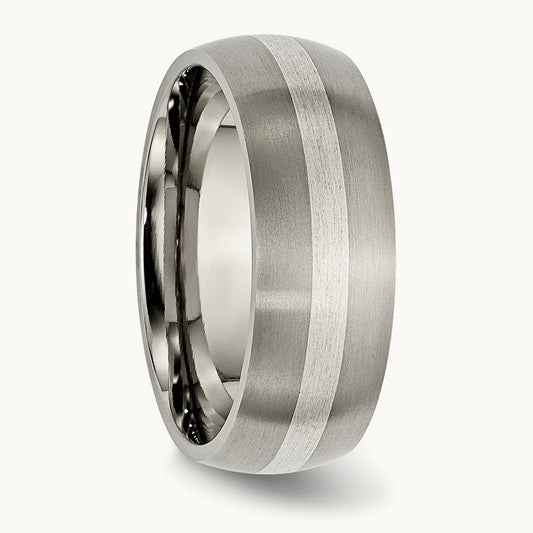 Brushed w/Sterling Silver Inlay Band, 8mm, Titanium