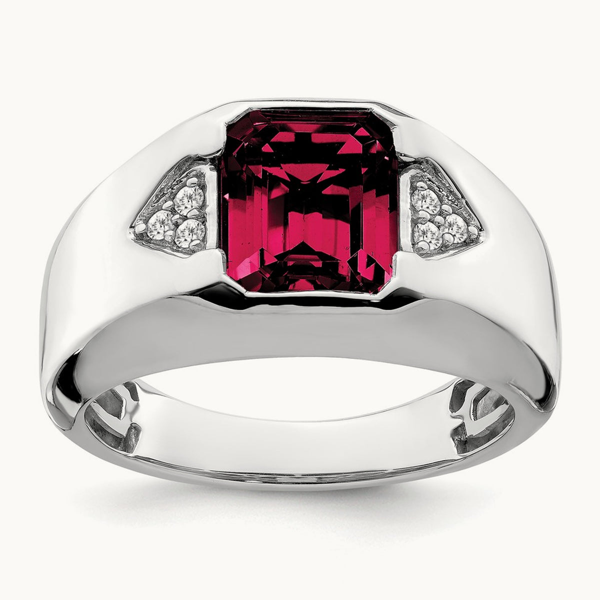 Emerald-cut Created Ruby and Lab-Grown Diamond Men's Ring — 14K White Gold, 10