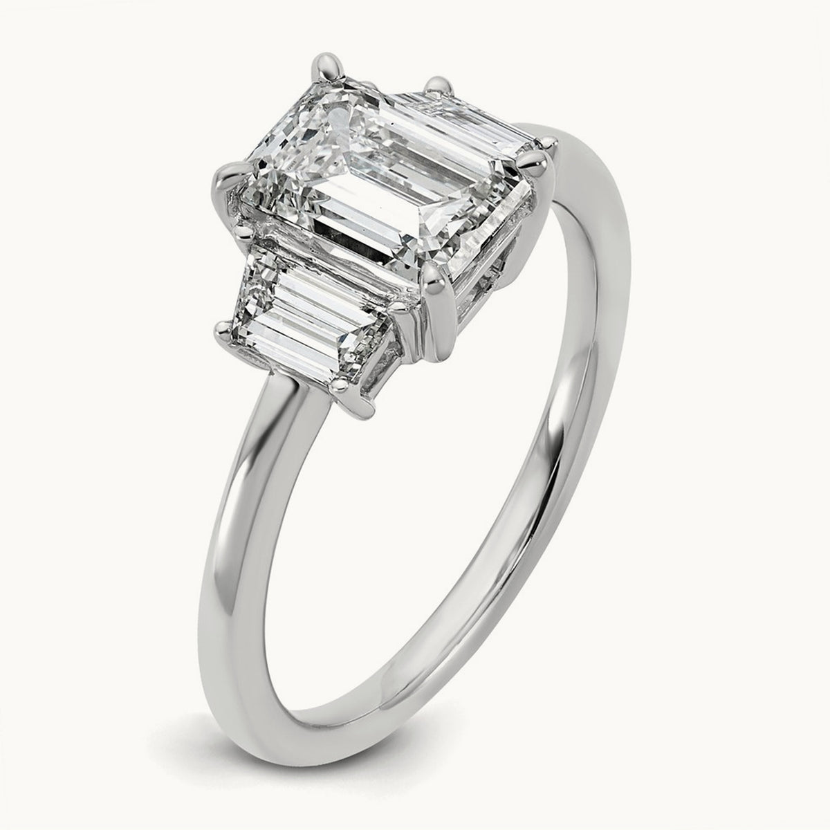 Emerald & Trapezoid Engagement Ring — 14K White Gold, 2 ct, 7