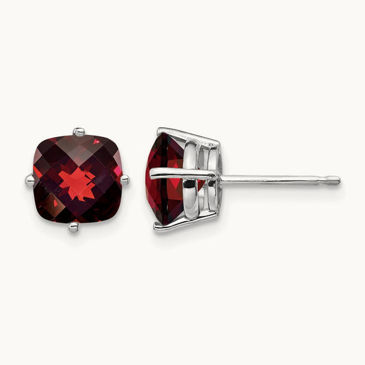 7x7mm Cushion Garnet Checker Earring, 14K White Gold
