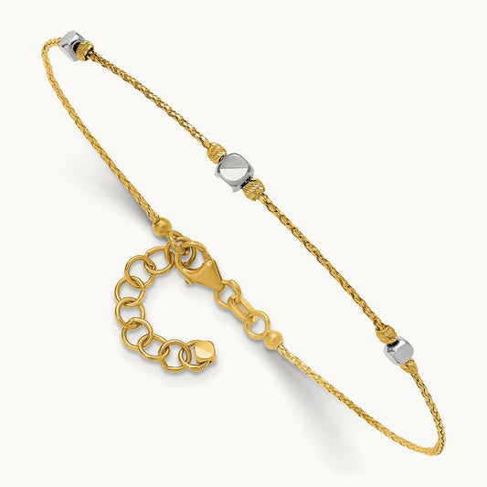 Polished Diamond-cut Beaded 7in w/1in ext. Bracelet, 14K Two-tone