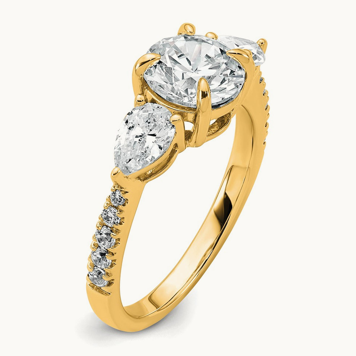 Round Center Semi-Mount 3 Stone Engagement Ring, 0.50-0.75 ct tw Lab-Grown Diamond — 3/4 ct (holds 1 ct center), 14K Yellow Gold