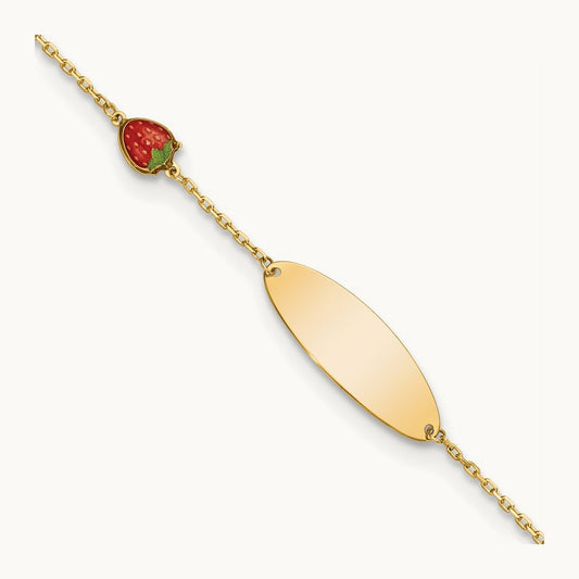 Enameled Strawberry Baby ID 5.5in w/.5 in Ext Bracelet, 14K