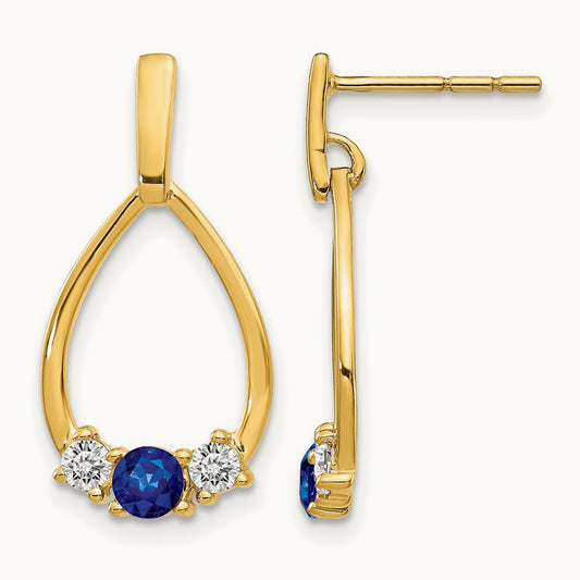 Created Sapphire Dangle Teardrop Earrings, 0.25 ct tw Lab-Grown Diamond — 14K Yellow Gold
