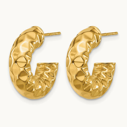 Polished and Hammered J-Hoop Post Earrings, 14K — Leslie's