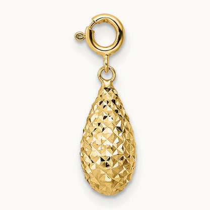 Diamond-cut Teardrop w/ Spring Ring Clasp Charm, 14K
