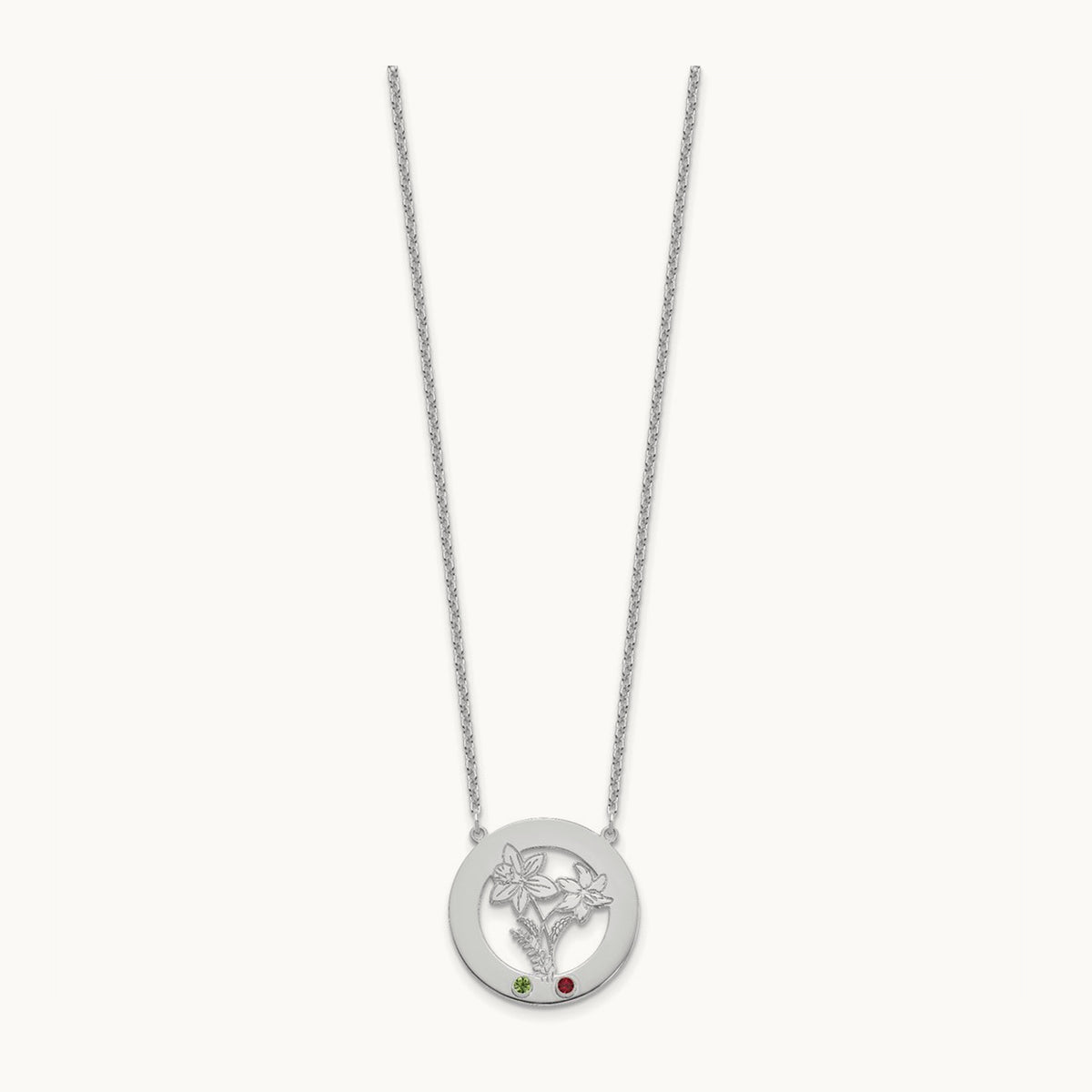 SS/Rhod-plated Circle w/2 Birth Flower and Birthstone Necklace