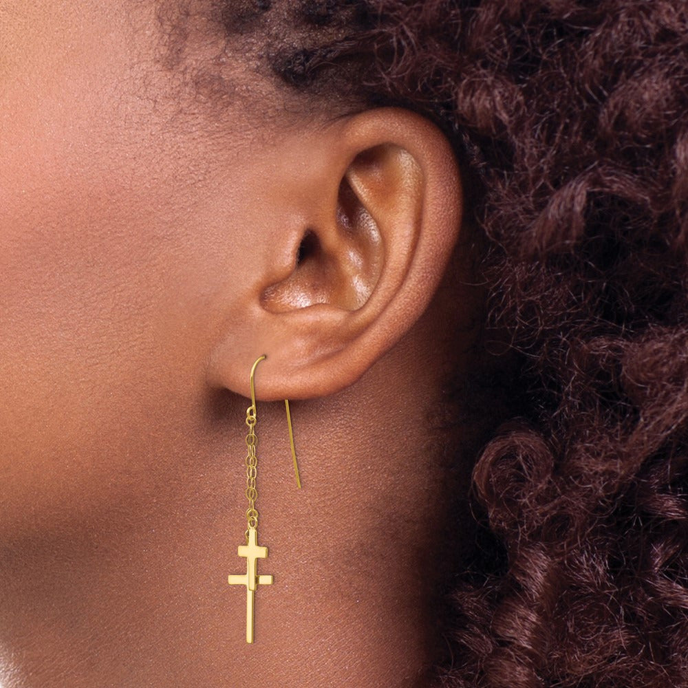 Chain Dangle Cross Shepherd Hook Earrings — 14K Yellow Gold