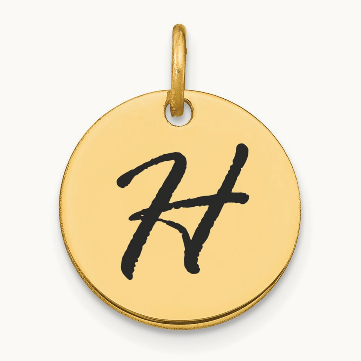 Polished Black Enamel Initial Disk Charm — 14K Yellow Gold, H
