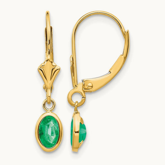 6x4 Oval Bezel May/Emerald Leverback Earrings — 14K Yellow Gold