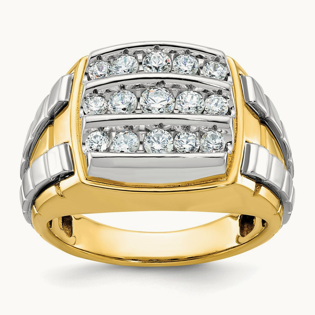 14ktt IBGoodman Men's Polished & Grooved 3-Row Diamond Cluster Ring