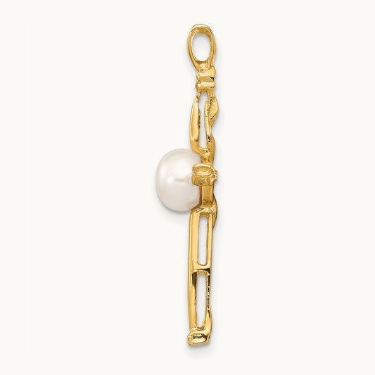 6- White Button FW Cultured Pearl .02ct Diamond Cross Pendant, 7mm, 14K