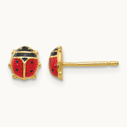 Enameled Ladybug Earrings, 14K