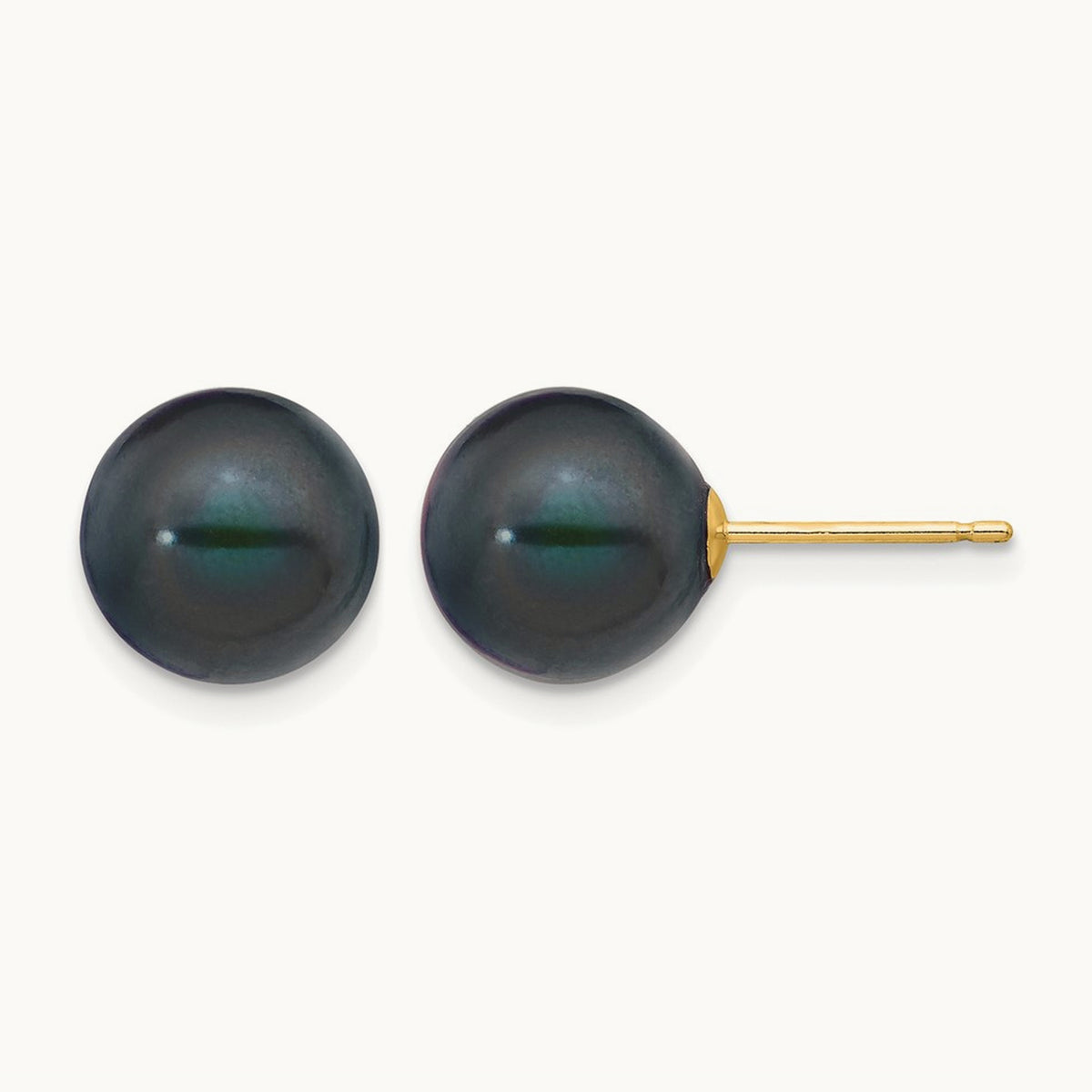 9- Black Round Freshwater Cultured Pearl Stud Post Earrings, 10mm, 14K