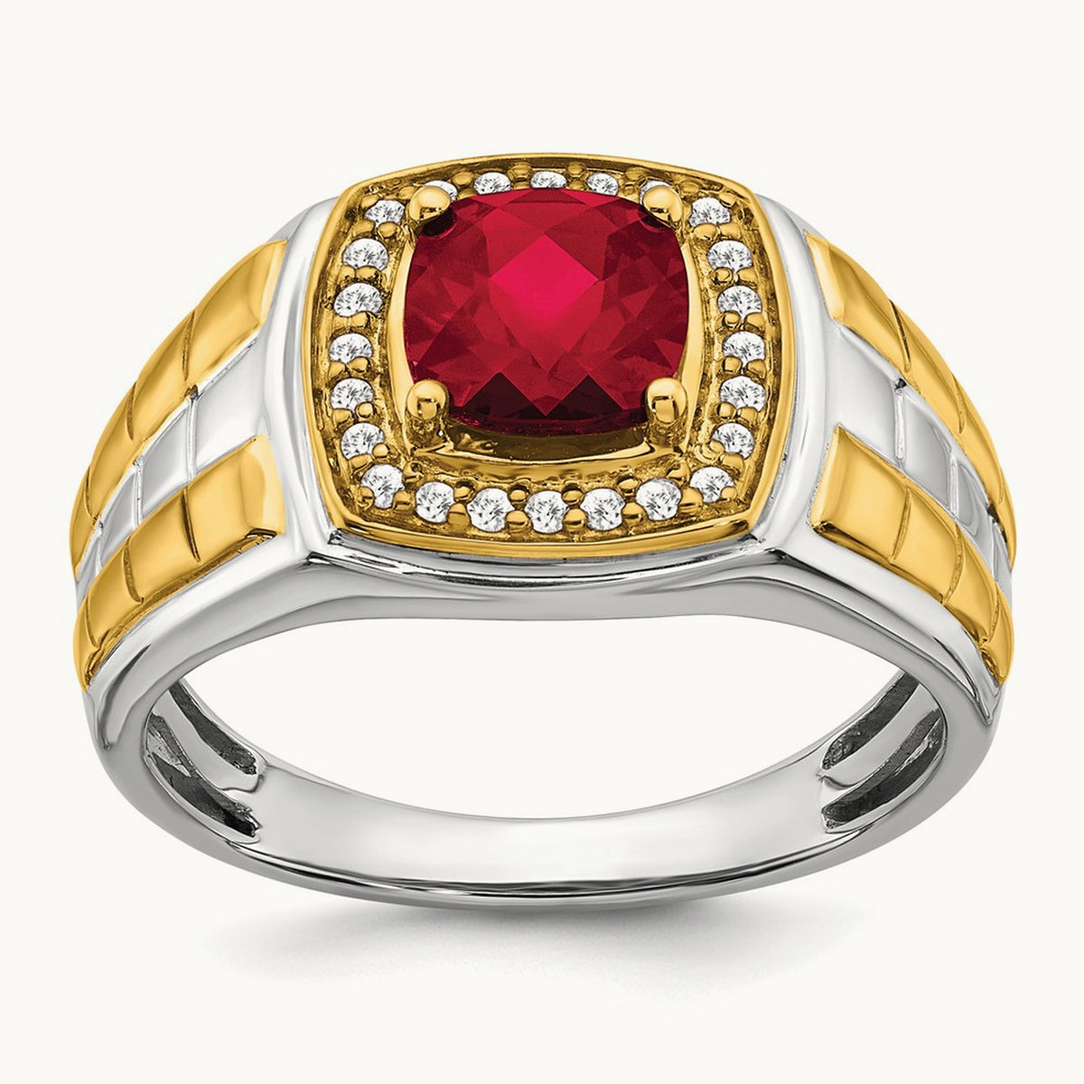 Created Ruby and Diamond Mens Ring, 14K Two-tone