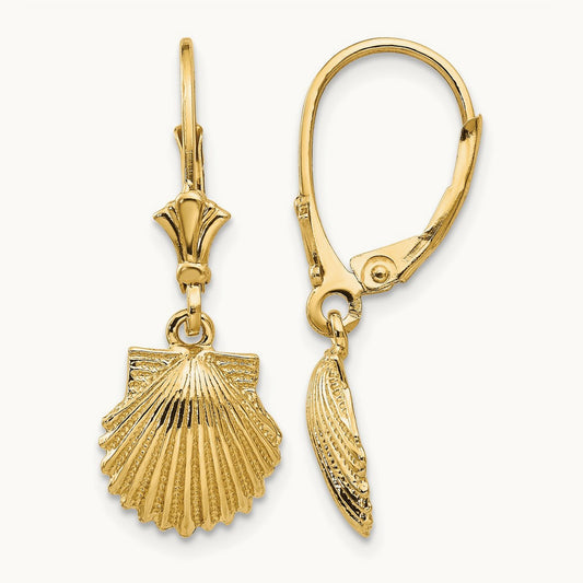 Scallop Shell Leverback Earrings, 14K