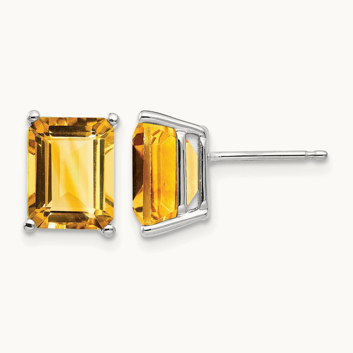 9x7mm Emerald Cut Citrine Earrings, 14K White Gold