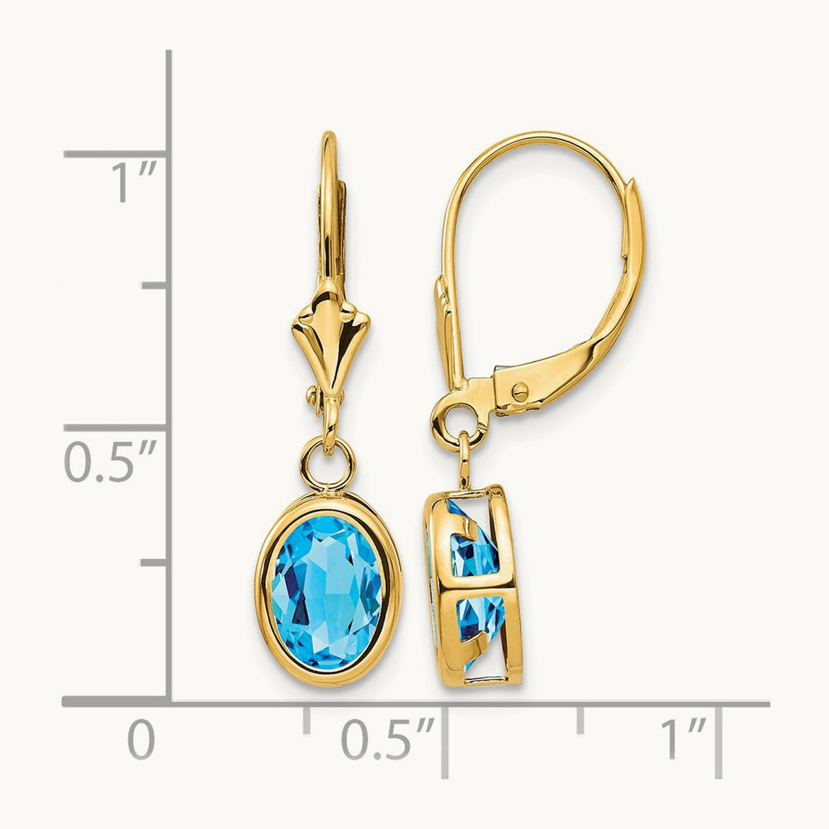 Oval Blue Topaz Leverback Earrings — 14K Yellow Gold, 27mm, 8x6mm