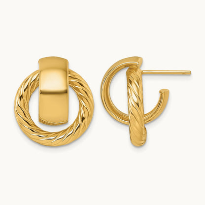 Polished and Twisted Circle Post Earrings — 14K Yellow Gold