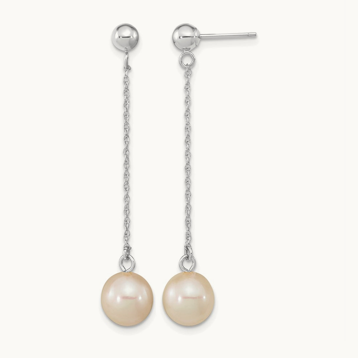 Round Freshwater Cultured Pearl Post Dangle Earrings — 14K White Gold