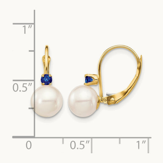 7- White Round FWC Pearl Sapphire Leverback Earrings, 7.5mm, 14K