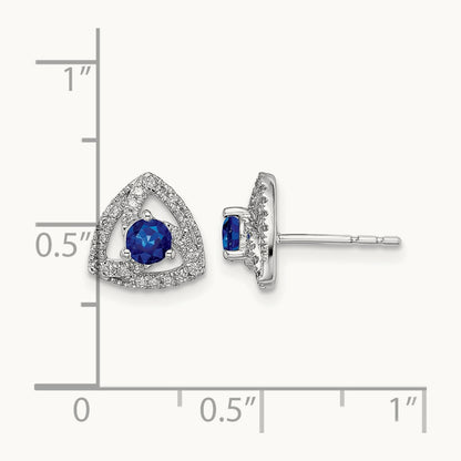 Diamond and Blue Sapphire Triangle Post Earrings, 14K White Gold