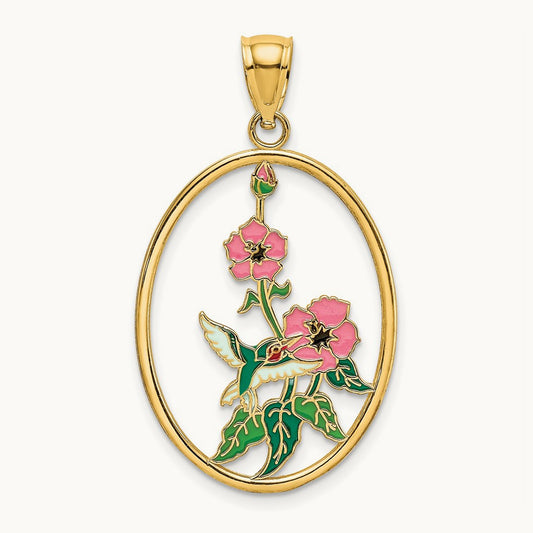 w/ Enamel Hummingbird and Flowers In Oval Frame Charm, 14K