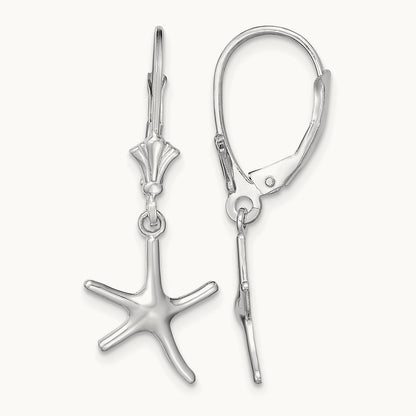 Mini Dancing Starfish Leverback Earrings — 14K White Gold