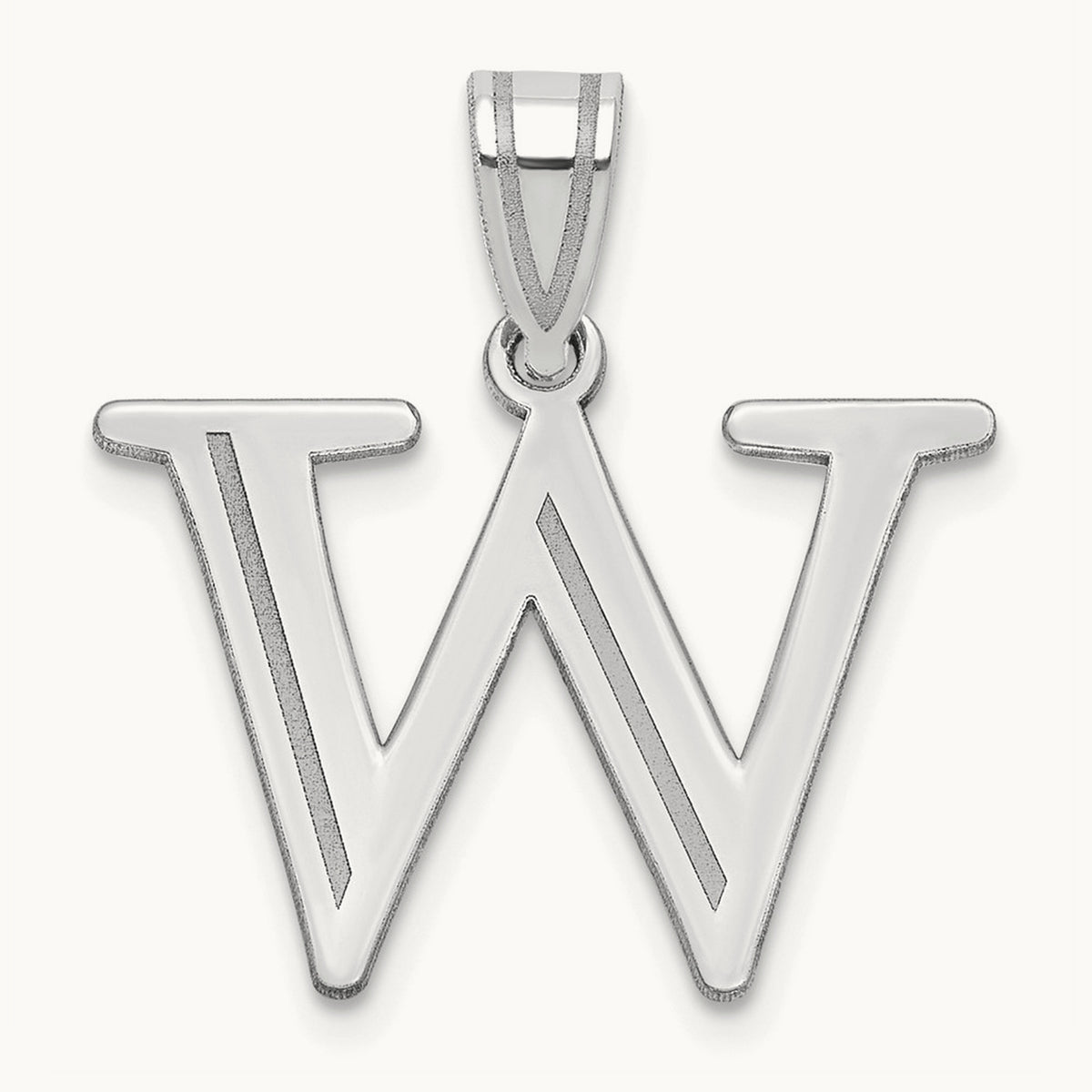 Polished Etched Letter W Initial Pendant, 14K White Gold