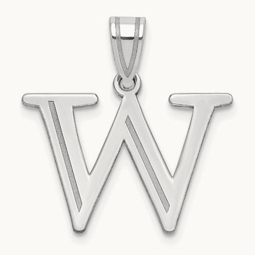 Polished Etched Letter W Initial Pendant, 14K White Gold