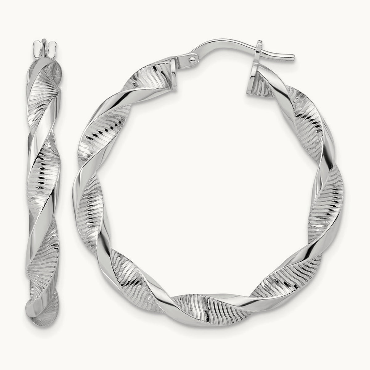 Rhodium-plated Polish/Textured Twist Hoop Earrings — 35mm
