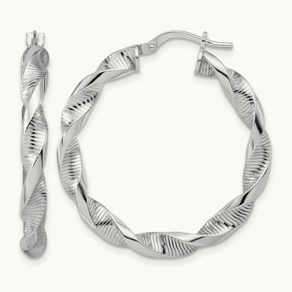 Rhodium-plated Polish/Textured Twist Hoop Earrings — 35mm