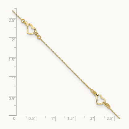 Diamond-cut Heart 10in Plus 1in ext. Anklet, 14K
