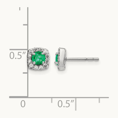 Diamond and Emerald Square Halo Earrings, 14K White Gold