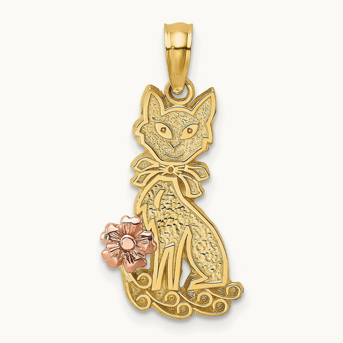 Sitting Cat w/ Bow and Flower Charm, 14K Two-tone