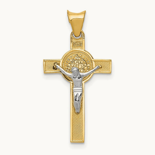 St. Benedict Medal Crucifix Cross Pendant, 14K Two-tone