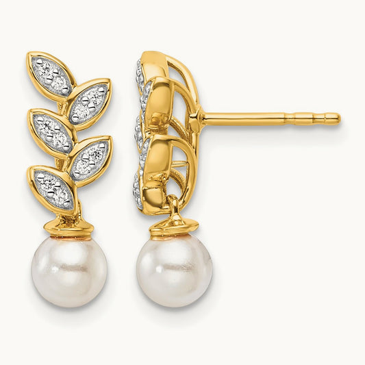 Polished Diamond and Pearl Leaf Dangle Post Earrings, 14K