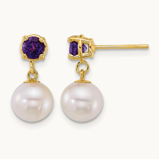 7- Round White FWC Pearl and Amethyst Post Dangle earrings, 8mm, 14K
