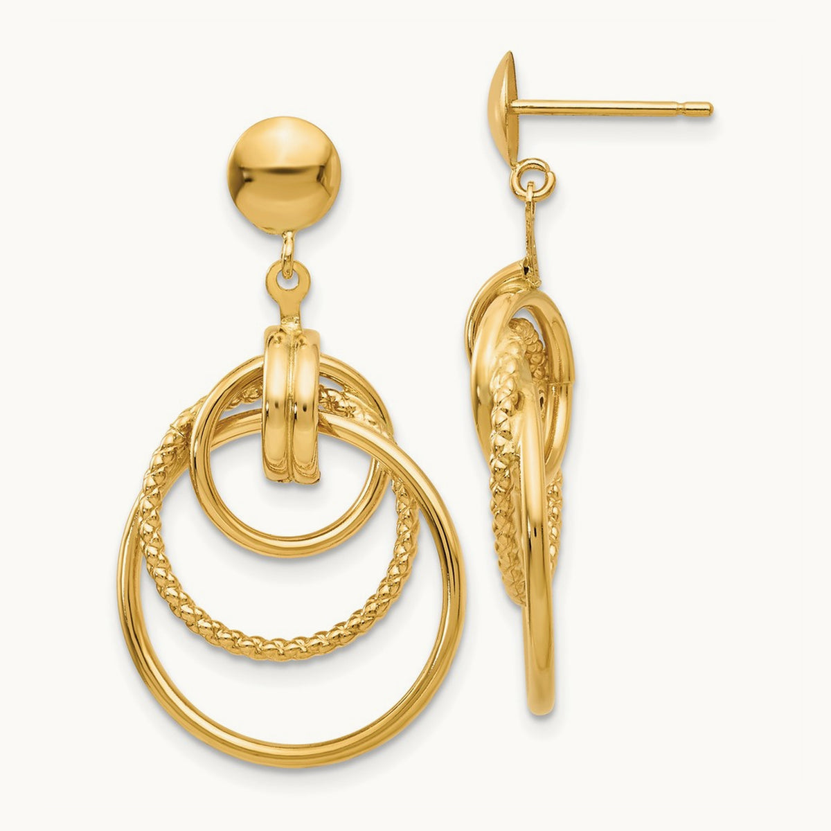 Polished and Textured Intertwined Circle Post Earrings, 14K