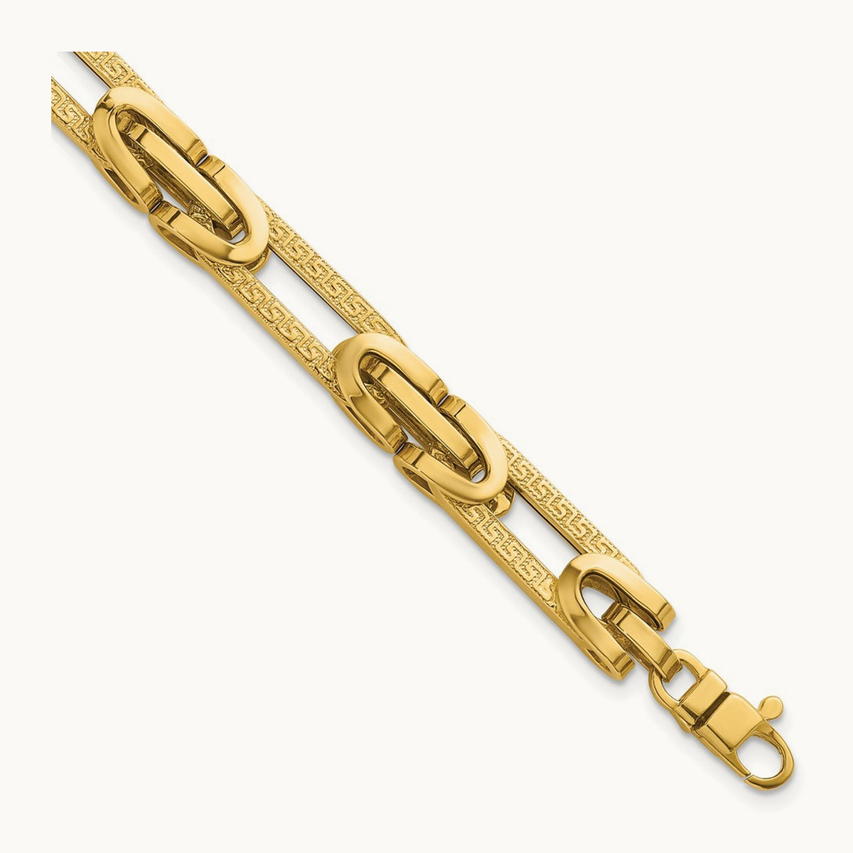 Polished & Textured Greek Key Design Oval Link 7.25 in Bracelet, 14K